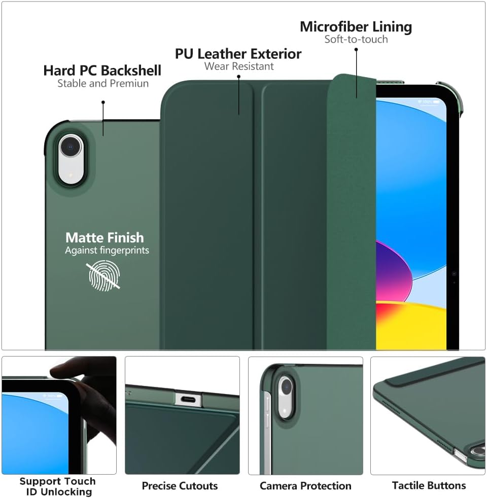 Case for iPad 10th Generation Case 2022, Slim Stand Hard PC Translucent Back Shell Smart Cover Case for iPad 10th Gen 10.9 inch 2022, Support Touch ID, Auto Wake/Sleep,Midnight Green