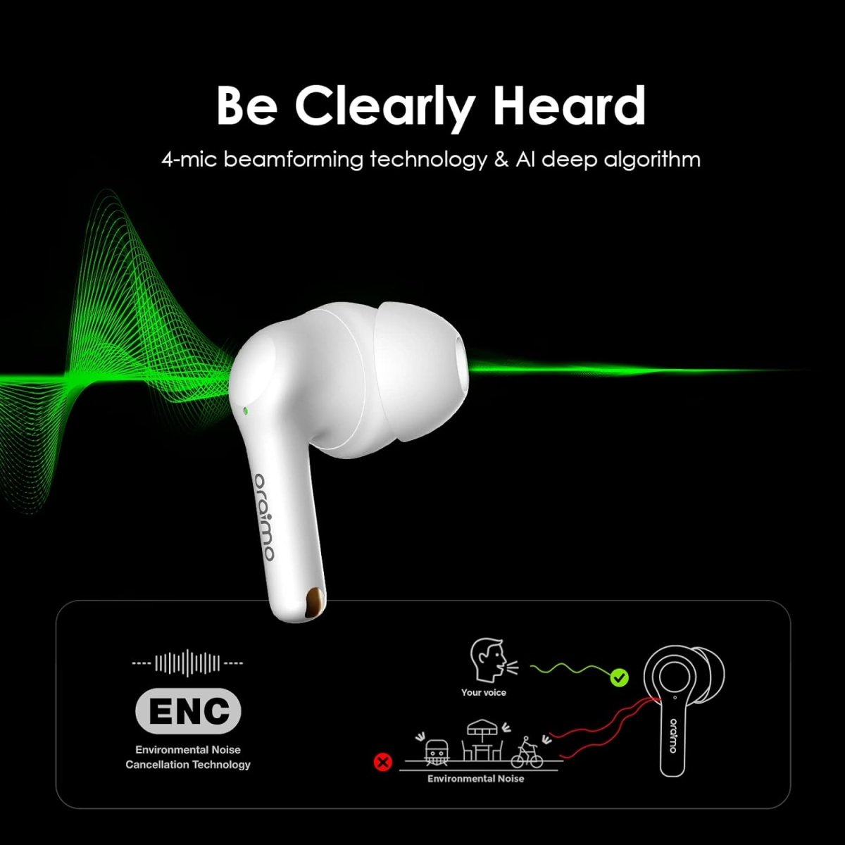 Oraimo FreePods 3C ENC Calling Noise Cancellation, powerful bass 4 mics, True Wireless Earbuds IPX5 - Water Resistant,