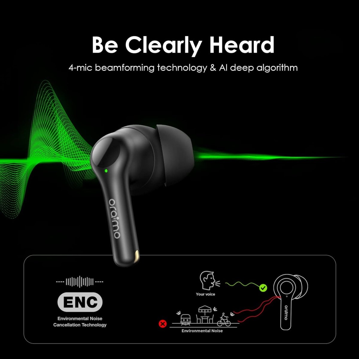 Oraimo FreePods 3C ENC Calling Noise Cancellation, powerful bass 4 mics, True Wireless Earbuds IPX5 - Water Resistant,