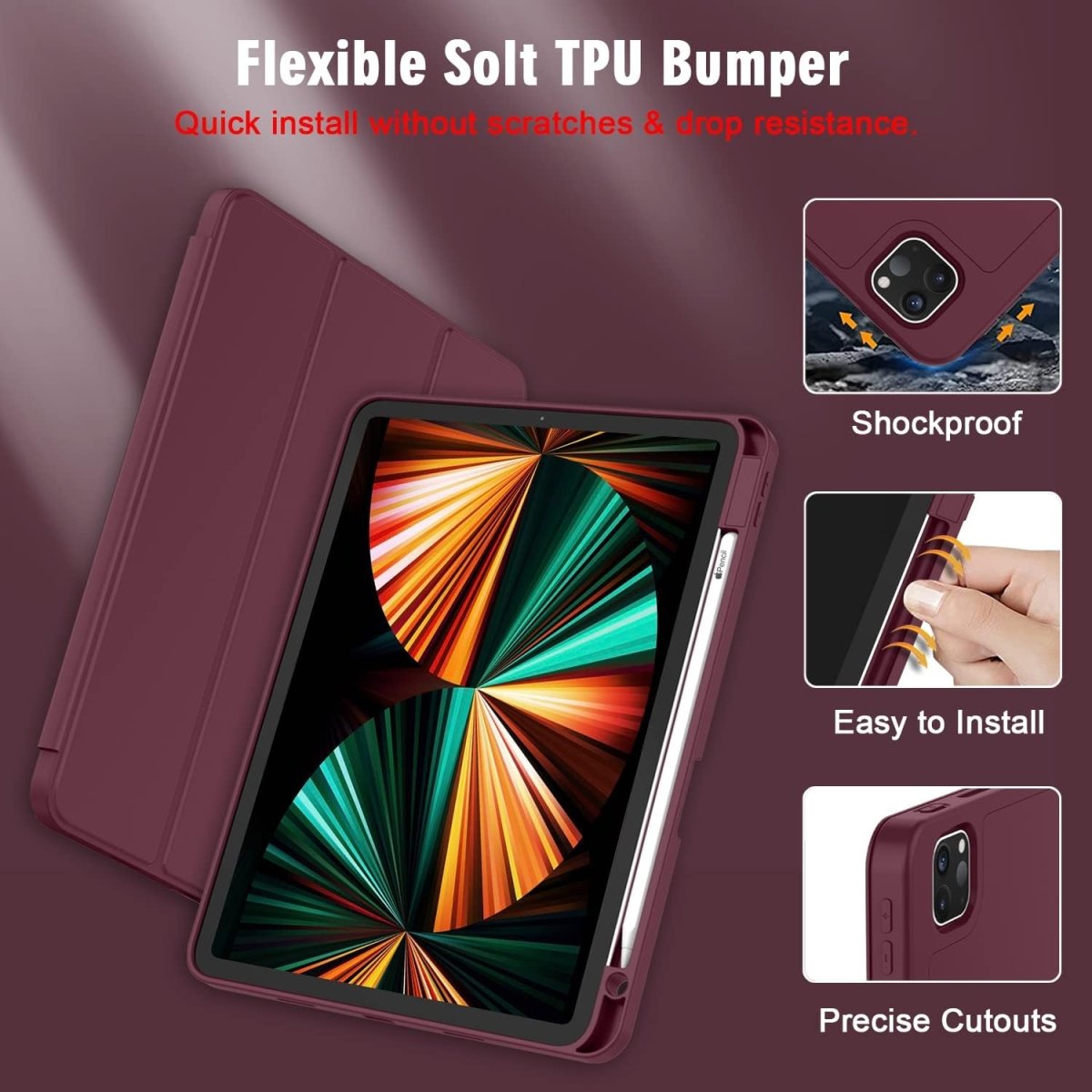 Case for New iPad Pro 12.9 Inch Case 2022/2021/2020(6th/5th/4th Gen) with Pencil Holder,Smart iPad Case [Support Touch ID and Auto Wake/Sleep] with Auto 2nd Gen Pencil Charging (Wine)