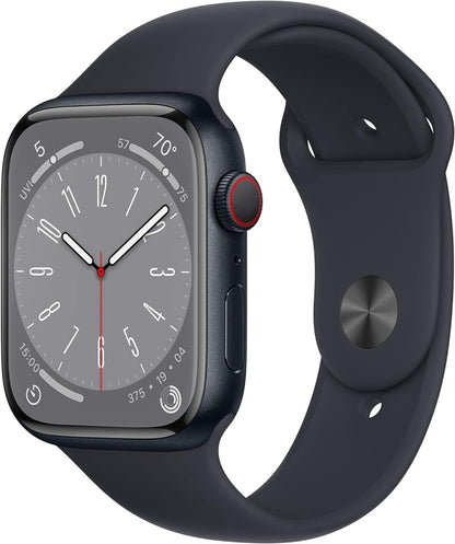 Apple Watch Series 8 [GPS + Cellular 45mm] w/Midnight Aluminum Case with Midnight Sport Band - S/M. Fitness, Water Resistant