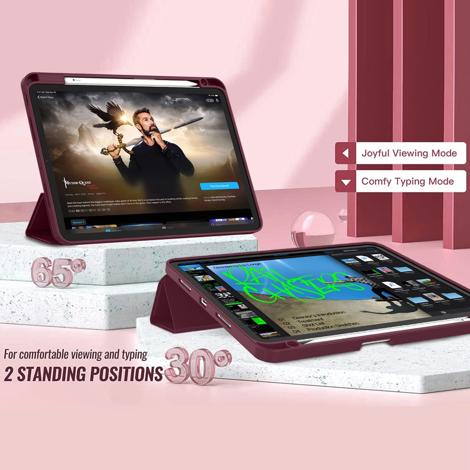 Case for New iPad Pro 12.9 Inch Case 2022/2021/2020(6th/5th/4th Gen) with Pencil Holder,Smart iPad Case [Support Touch ID and Auto Wake/Sleep] with Auto 2nd Gen Pencil Charging (Wine) - سوق ستور Souq Store