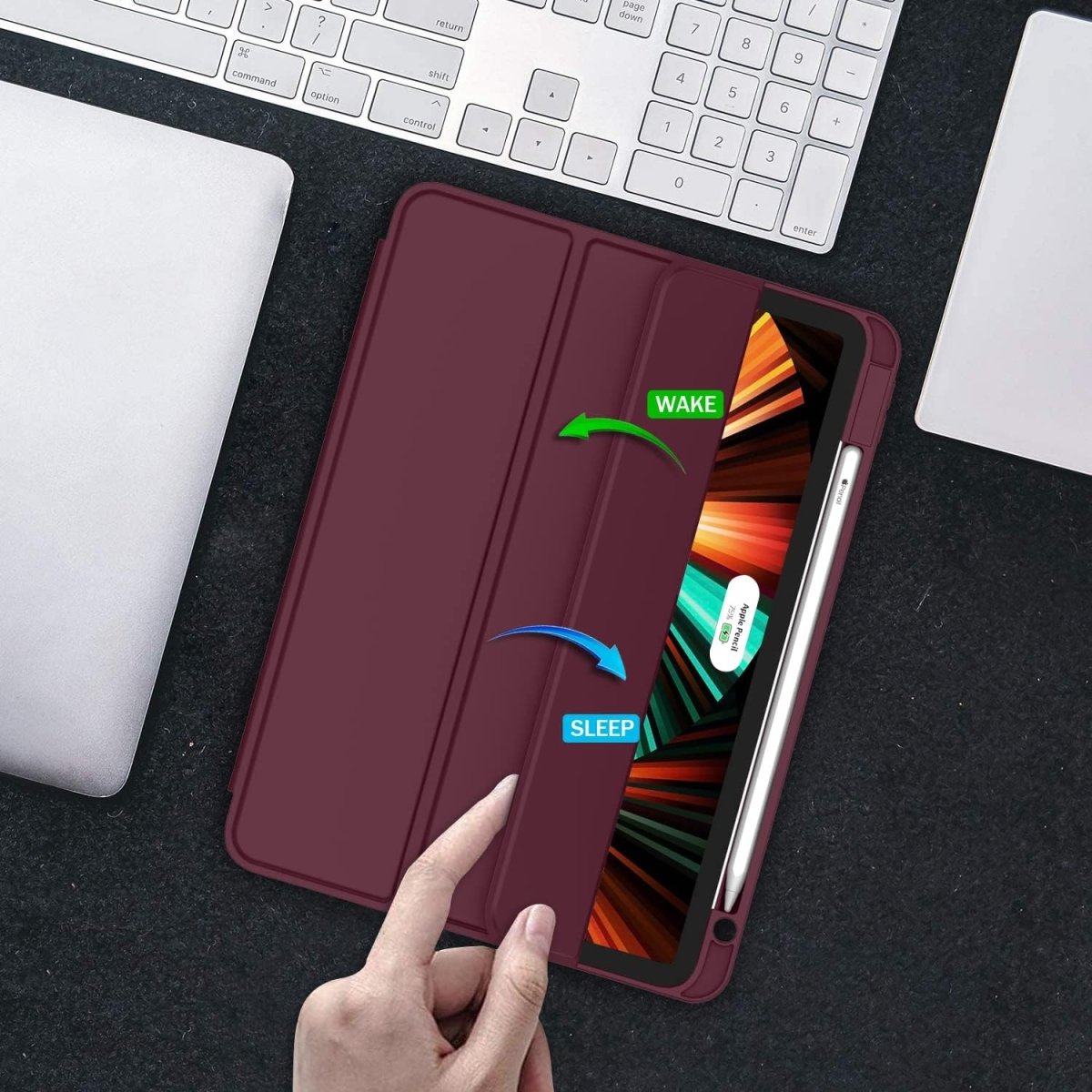 Case for New iPad Pro 12.9 Inch Case 2022/2021/2020(6th/5th/4th Gen) with Pencil Holder,Smart iPad Case [Support Touch ID and Auto Wake/Sleep] with Auto 2nd Gen Pencil Charging (Wine) - سوق ستور Souq Store