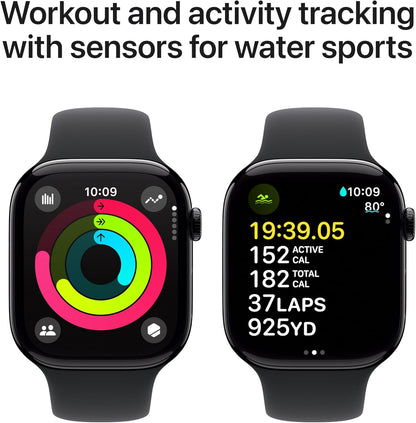 Apple Watch Series 10 [GPS 46mm case] Smartwatch with Jet Black Aluminium Case with Black Sport Band - M/L. Fitness Tracker, ECG App, Always - On Retina Display, Water Resistant