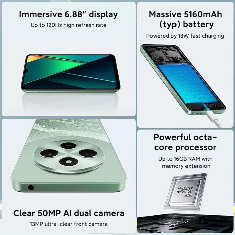 POCO C75 C3NP Immersive 6.88" display Massive 5160mAh (typ) battery Clear 50MP AI dual camera Powerful octa - core processor Up to 120Hz High refresh rate TÜV 6+128 (Gold)|1 year manufacturer warranty