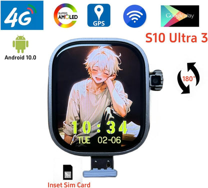 S10 Ultra 3 Smart Watch 2.2 inch Curved Amoled Screen 180° Rotary Camera Play Store Global Version Smartwatch GPS WIFI Sim Card (4GB 128GB)