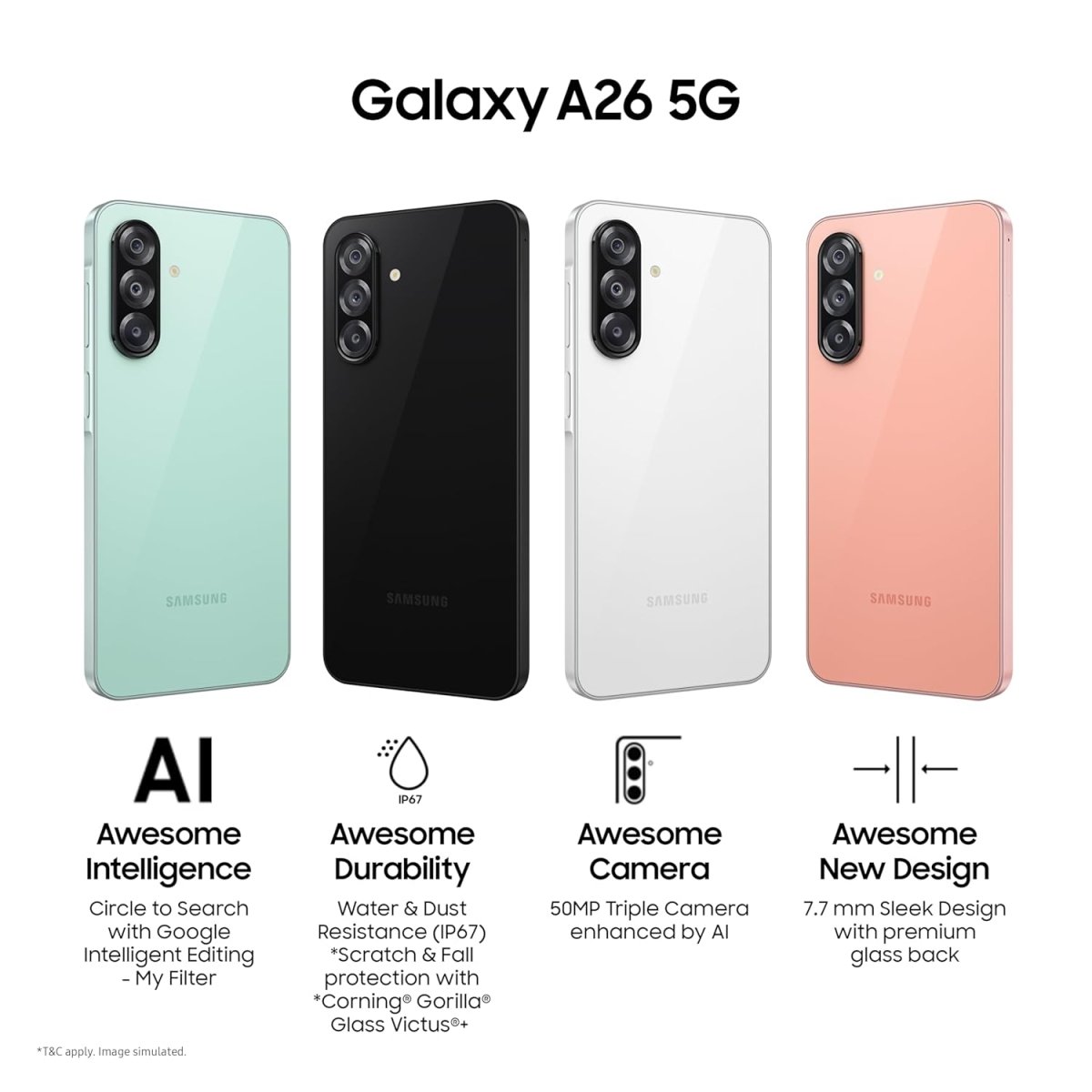 Samsung Galaxy A26 5G ( 8GB, 256GB) | Awesome Intelligence - AI Smartphone: Circle to Search, My Filter, Object Eraser | 50MP Triple Camera | IP67