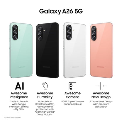 Samsung Galaxy A26 5G ( 8GB, 256GB) | Awesome Intelligence - AI Smartphone: Circle to Search, My Filter, Object Eraser | 50MP Triple Camera | IP67